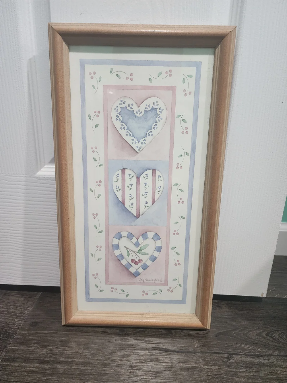Vtg 1980s Hearts Pastels Framed Print By Virginia Welytok Granny Country Cottage